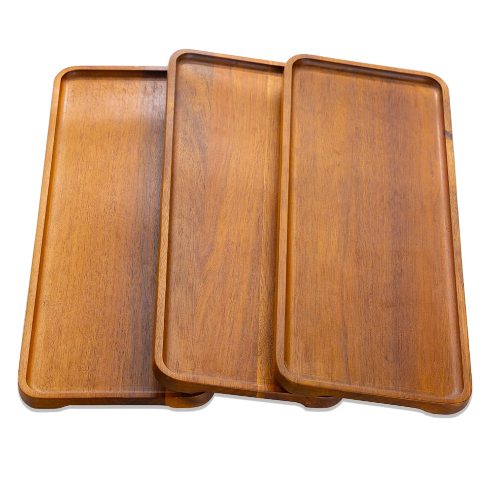 3 Pcs Acacia Wood Serving Platters Appetizer Serving Tray 14.17x5.5 Inch, Acacia Wood Serving Plates Trays for Cheese Meat Appetizer Charcuterie Individual Servings Entertaining