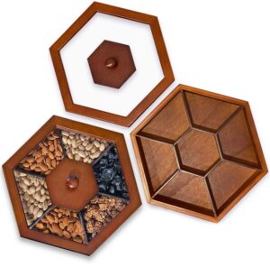 sectional tray for dry fruits nuts snacks with glass lid, humidity proof wooden storage, candy box