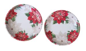 festive christmas holiday poinsettia printed round tin serving trays, 10 in. - 2 ct
