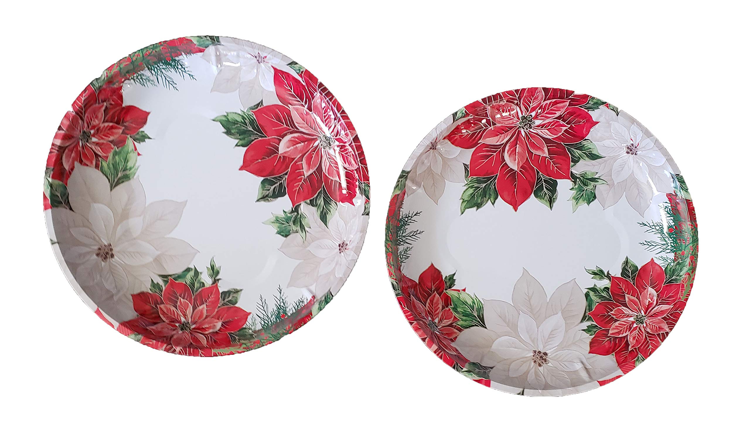 Festive Christmas Holiday Poinsettia Printed Round Tin Serving Trays, 10 in. - 2 CT