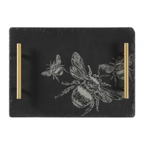 the just slate company handcrafted slate rectangle serving tray, gold handles, laser etched bee trio design, medium