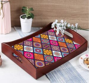 mandala printed wood serving tray with handles, wooden serving tray, snack tray, breakfast tray, great for, breakfast, coffee tables, homes, restaurant size- 15" x 10" x 1.75"
