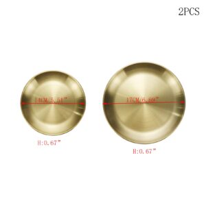 Faotup 2PCS 5.51+6.69Inch Diameter Stainless Steel Gold Tray Decorative Round,Modern Gold Serving Tray,Candle Plate Gold,Gold Metal Serving Trays