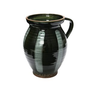creative co-op hand painted striped stoneware pitcher, green and white serveware, 9"l x 7"w x 10"h, green & white
