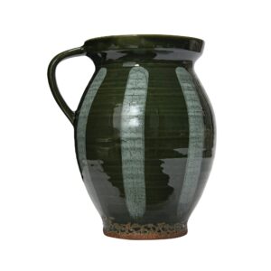 Creative Co-Op Hand Painted Striped Stoneware Pitcher, Green and White Serveware, 9"L x 7"W x 10"H, Green & White