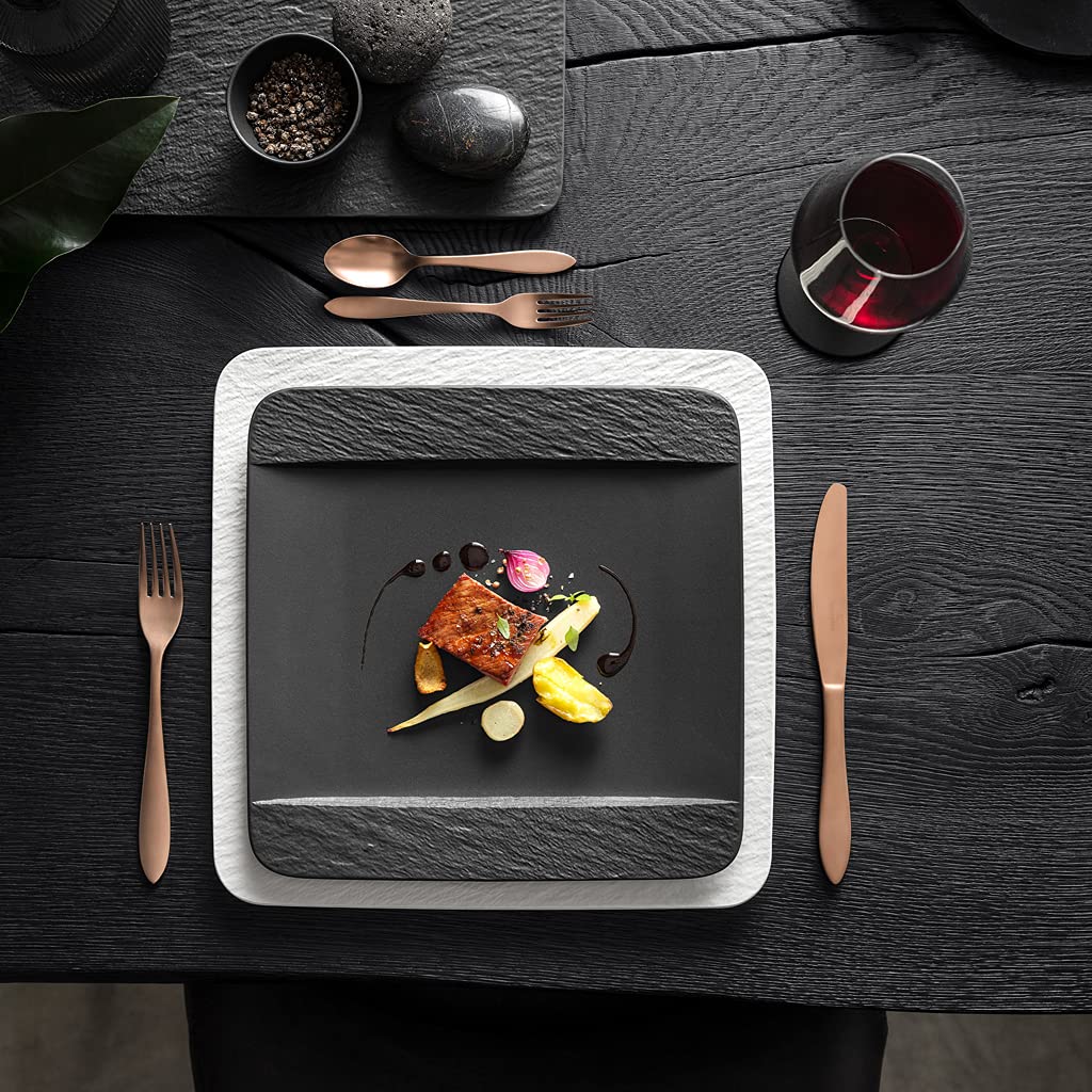 Villeroy & Boch Manufacture Rock Square Dinner Plate, Modern Shaped Premium Porcelain, Dishwasher Safe, Black, 28X28X2CM