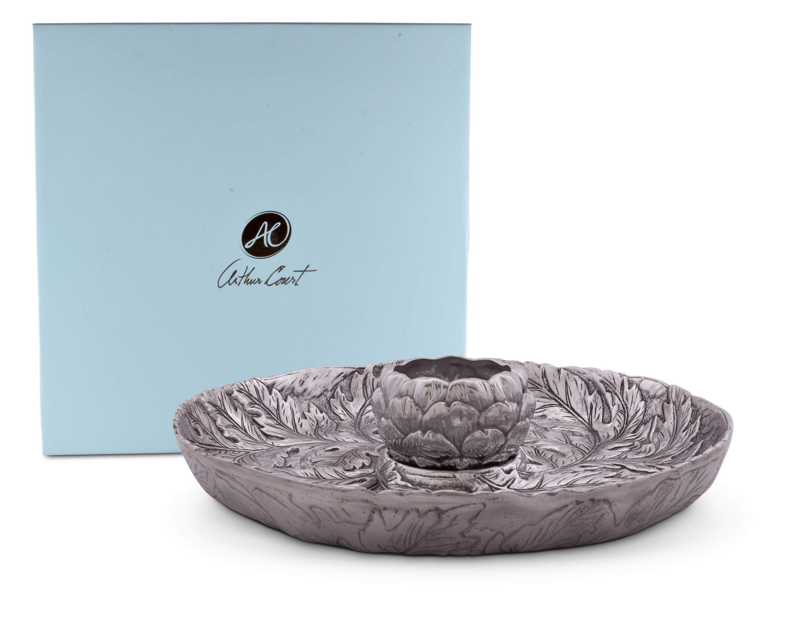 Arthur Court Designs Metal Chip and Dip Platter in Artichoke Pattern Sand Casted in Aluminum with Artisan Quality Hand Polished Designer Tarnish-Free 14.5 inch Diameter