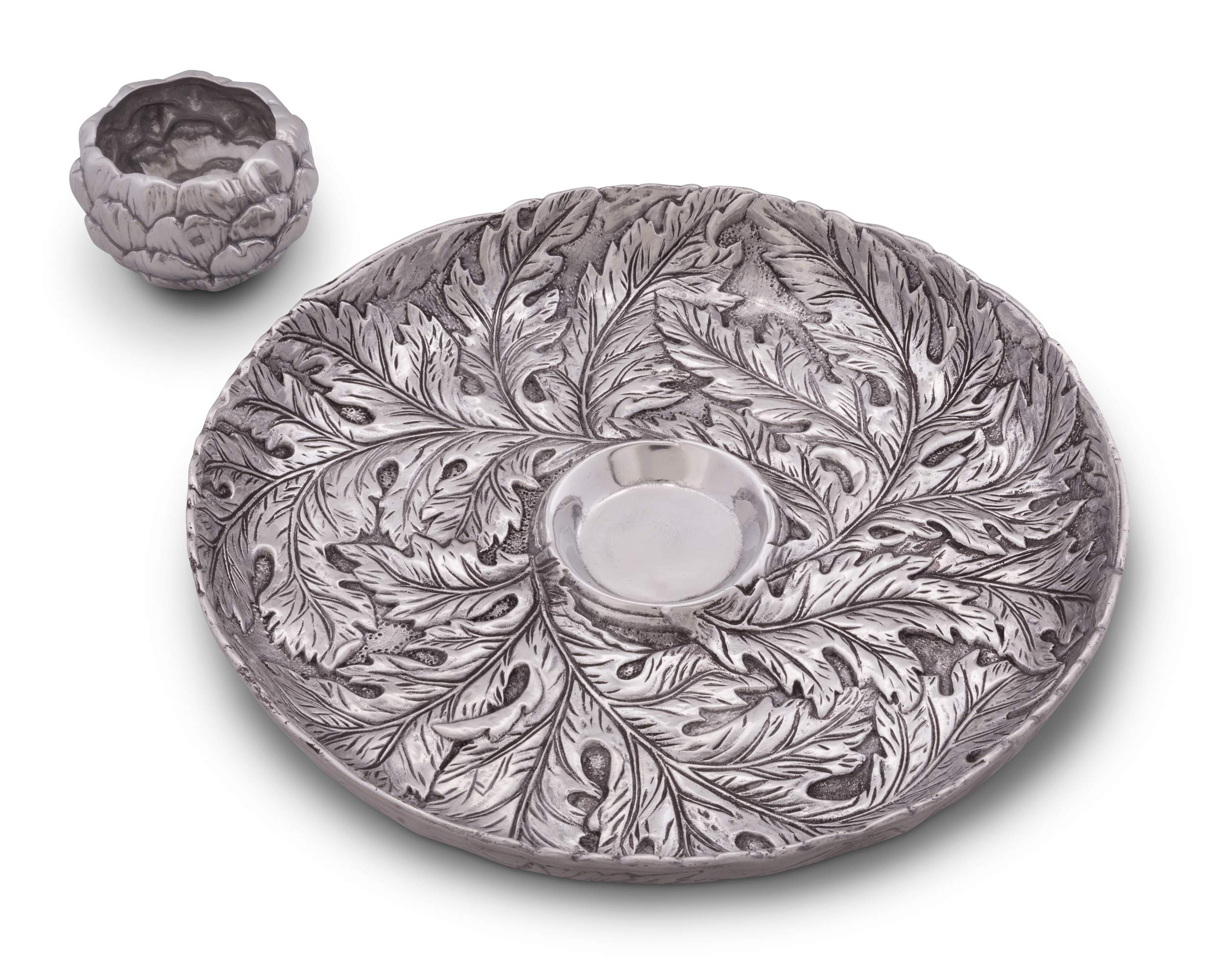 Arthur Court Designs Metal Chip and Dip Platter in Artichoke Pattern Sand Casted in Aluminum with Artisan Quality Hand Polished Designer Tarnish-Free 14.5 inch Diameter