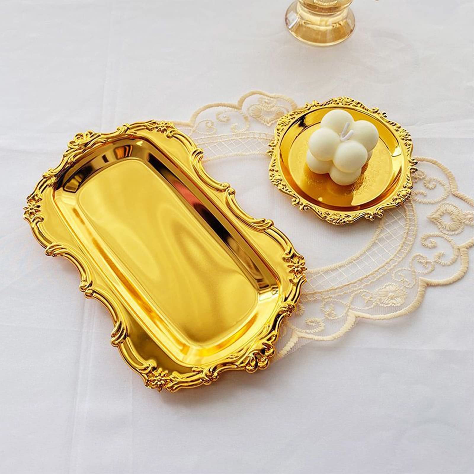 Metal Serving Trays , Food Trays for Coffee Tea Tray Decor for Party Kitchen, Dining Room,Dinnerware Trays 2pcs,Gold Small