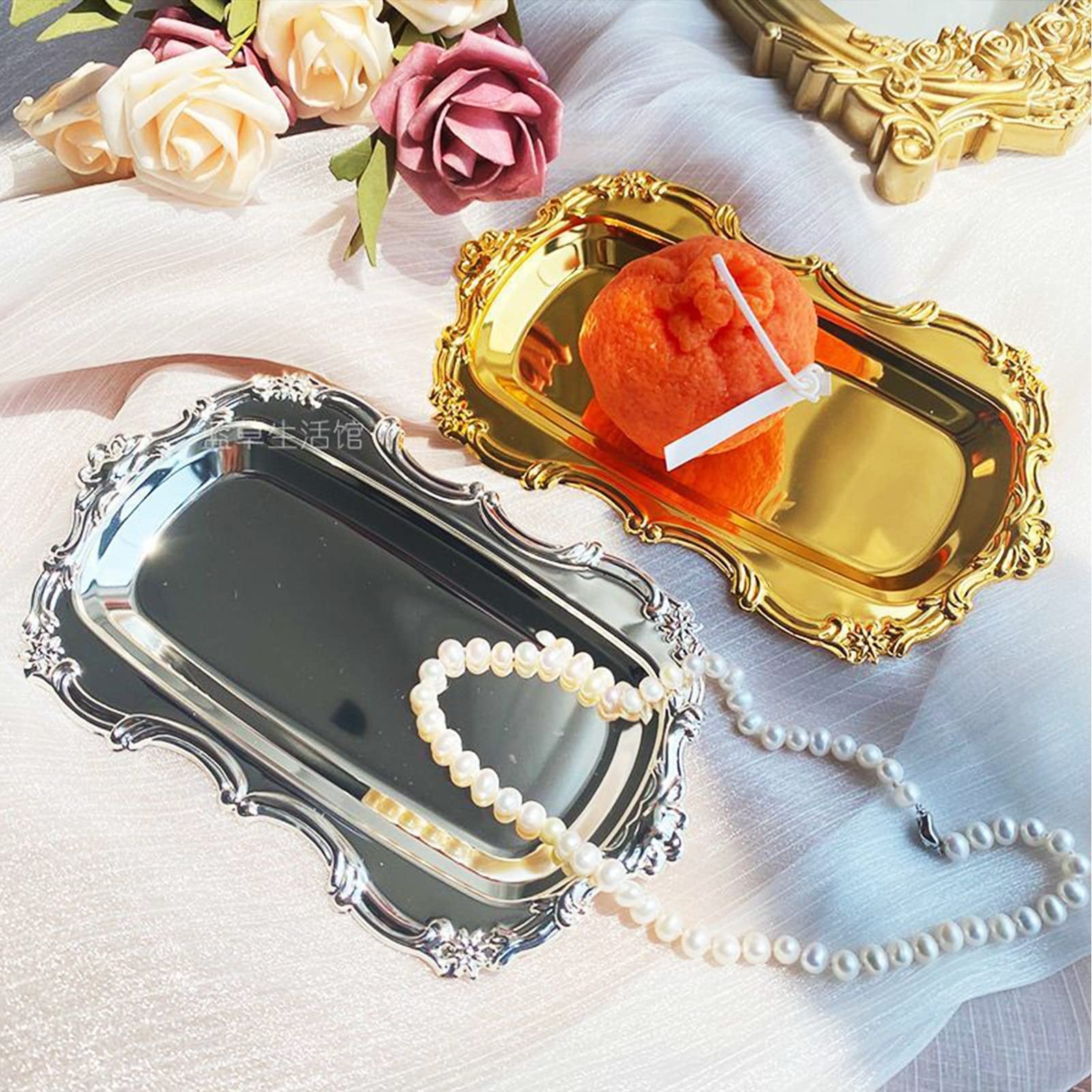 Metal Serving Trays , Food Trays for Coffee Tea Tray Decor for Party Kitchen, Dining Room,Dinnerware Trays 2pcs,Gold Small