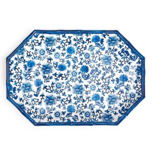 two's company blue floral pattern octagonal serving tray/platter w/bamboo rim