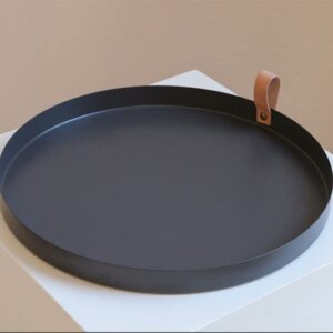 10.2" Round Decorative Tray, PU Leather Plastic Tray with Handles, Coffee Table Tray and Serving Tray for Ottoman, Kitchen, Bathroom, Black