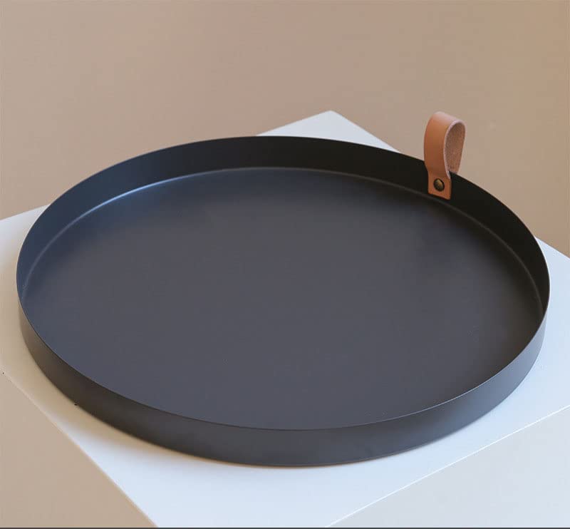 10.2" Round Decorative Tray, PU Leather Plastic Tray with Handles, Coffee Table Tray and Serving Tray for Ottoman, Kitchen, Bathroom, Black