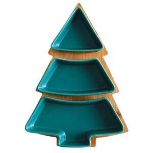 Green Christmas Tree Plates Chip & Dip Set, 11 Inches Christmas Ceramic Snack Plate with Bamboo Tray, Removable Porcelain Tree Appetizer Dessert Fruit Salad Saucers Bowl Cutlery Platter Serving Dish