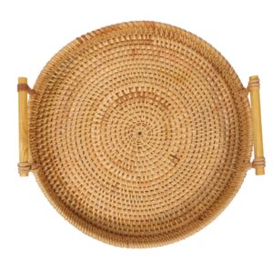 round rattan coffee table tray with handles - woven basket food decorative tray ，handmade rattan serving tray with handles ，adorable natural bamboo tray for ottoman coffee table (large/11 inch)