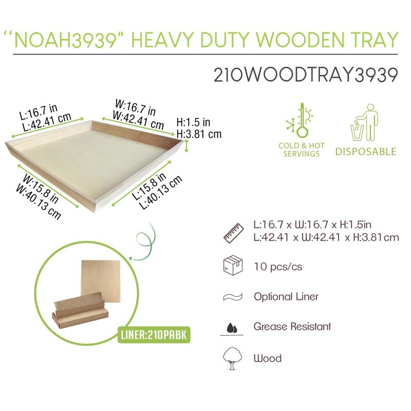 PacknWood 210WOODTRAY45-‘‘NOAH45’’ Heavy Duty Wooden Tray- Biodegradable Wood Serving Trays,Bamboo Trays for Eating, Parties, Wedding, Dessert, Birthdays, Serveware Appetizer 17.7”x11.8”x 1.6"|10 pcs