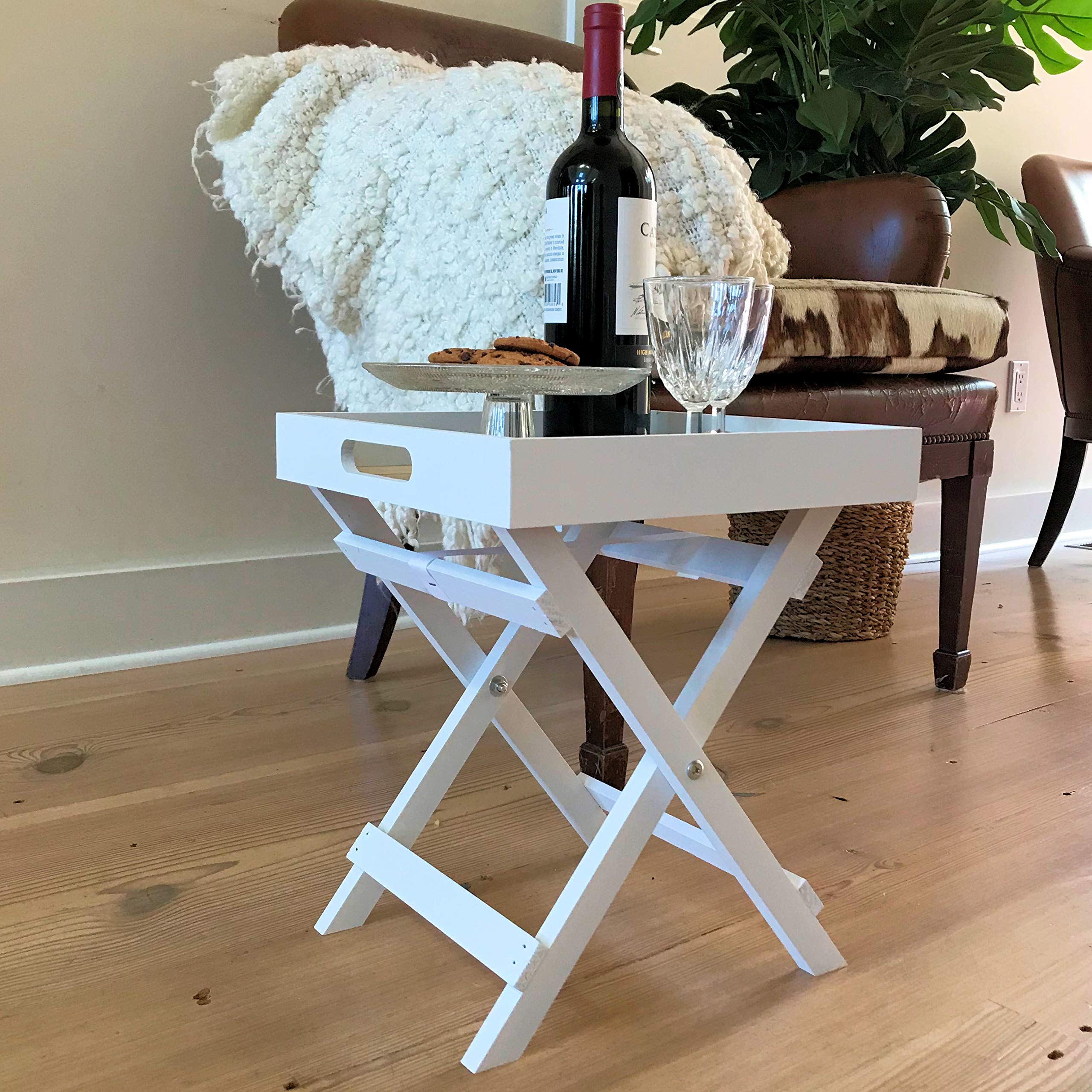 WHW Whole House Worlds Cape Cod Cocktail Tray Table, White and Pale Wood Tones, Natural Wood and MDF Shiplap, 11 ¾ L x 11 ¾ W x 14 ¼ Inches