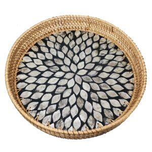 13 inch rattan serving basket with shine mop black flat bottom, handmade wicker coffee table serving tray décor circle with 2 inch wall, boho round woven basket tray for ottoman, vanity, exxacttorch