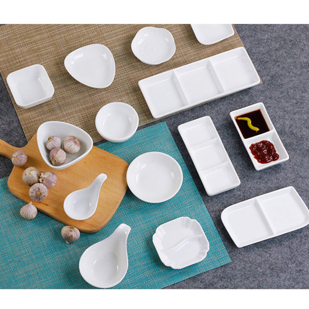 BESTonZON Serving Dishes 5.5 Inch White Ceramic Appetizer Serving Tray 2-Compartment Sauce Dishes Divided Snack Dishes for Dish Soy Sauce (White) Serving Platter