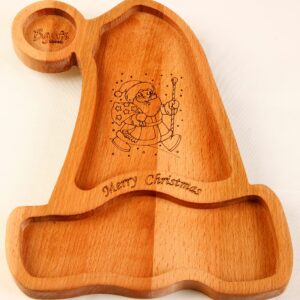 Christmas Hat Shaped Wooden Santa Cookie - Milk Plate Hand Made from Beechwood Tree, Brown, 11.8 x 9.44 x 0.787 inches