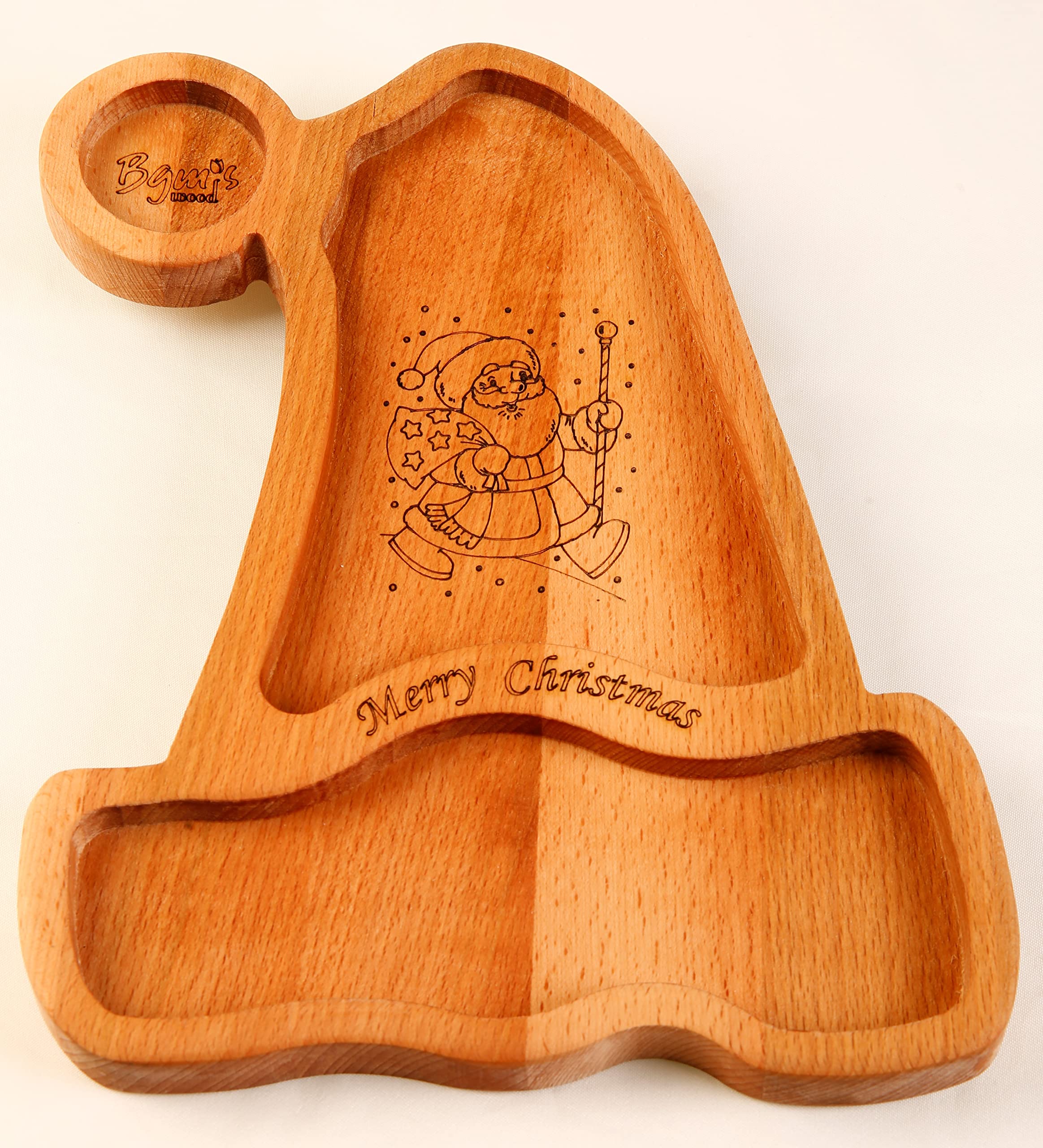 Christmas Hat Shaped Wooden Santa Cookie - Milk Plate Hand Made from Beechwood Tree, Brown, 11.8 x 9.44 x 0.787 inches