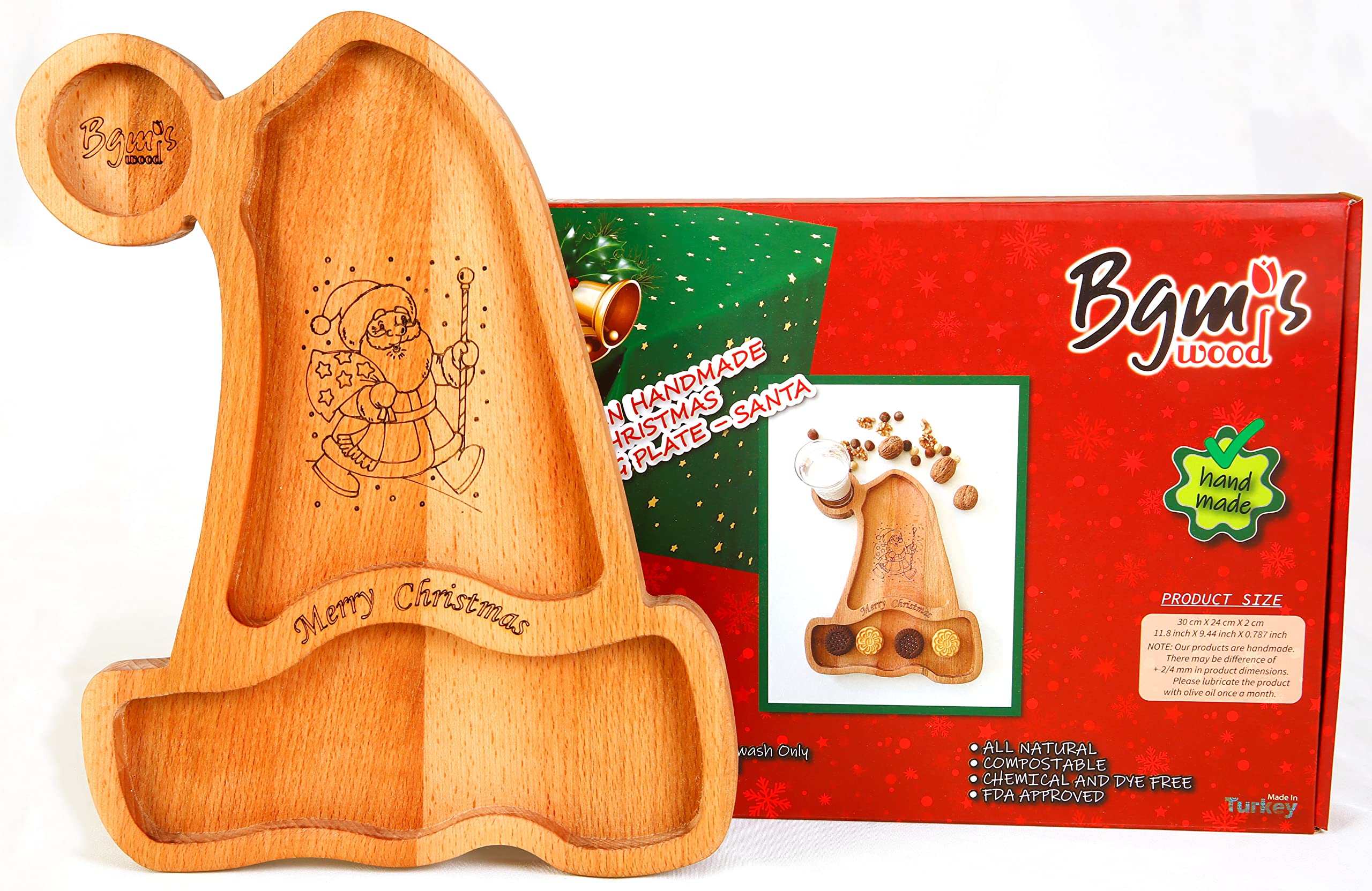 Christmas Hat Shaped Wooden Santa Cookie - Milk Plate Hand Made from Beechwood Tree, Brown, 11.8 x 9.44 x 0.787 inches