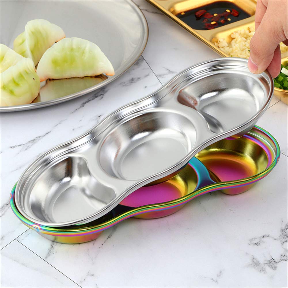 mingcheng 3-Compartment Stainless Steel Dipping Sauce Dish, Set of 4 Appetizer Serving Tray/Bowls for Sauce, Vinegar, Soy, BBQ, Hotpot, Snacks and Other Party Dinner, Dishwasher Safe Silver