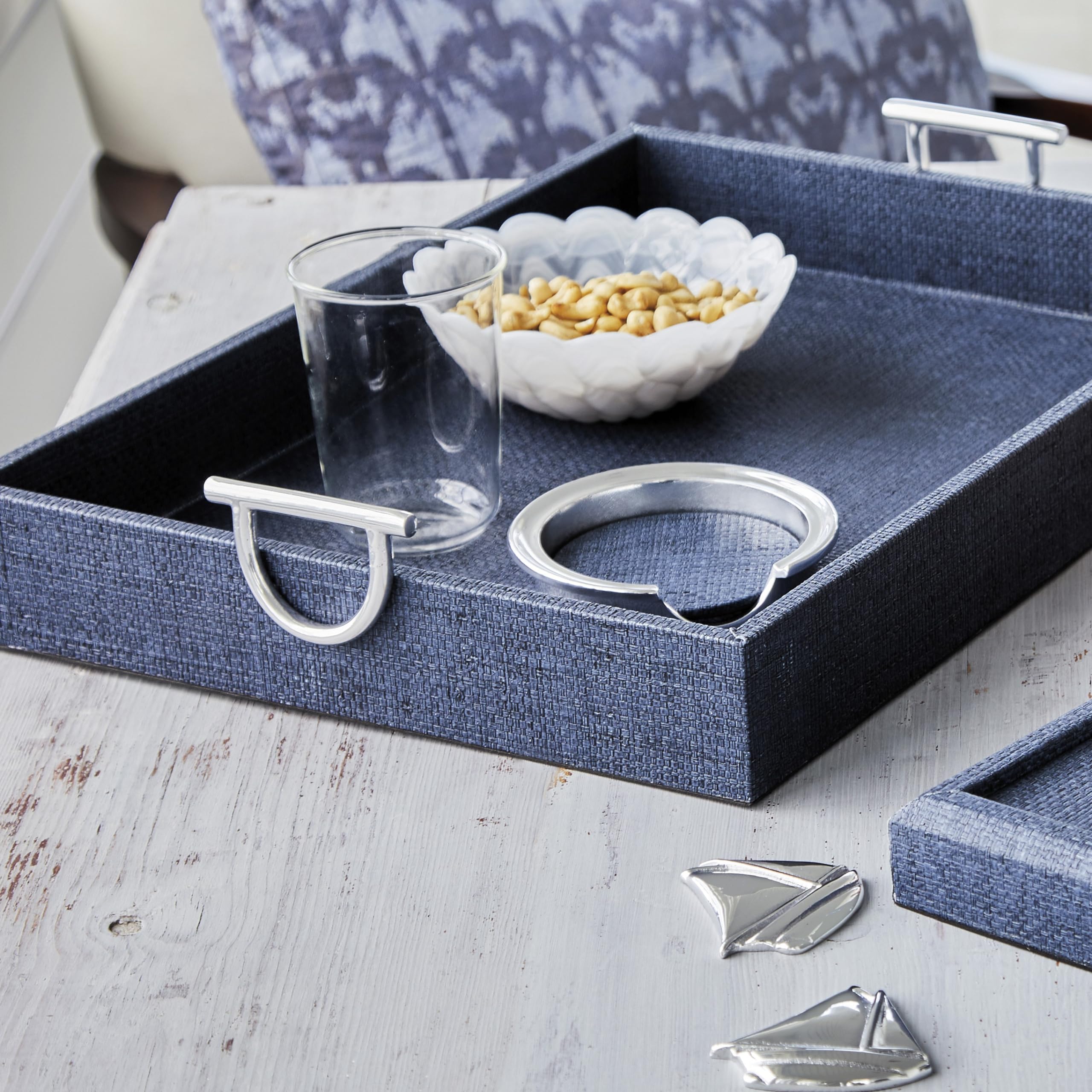 Indigo Faux GRASSCLOTH Tray with Metal Handles | Blue | Textile | Tableware | Service Trays | Vinyl | Handmade in Mexico