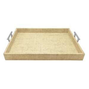 sand faux grasscloth tray with metal handles | biege | textile | tableware | service trays | vinyl | handmade in mexico