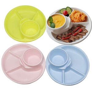 4 pcs round plastic appetizer tray - 4 compartment divider bowls party fruits veggies serving tray for adults and kids, 4 assorted colors