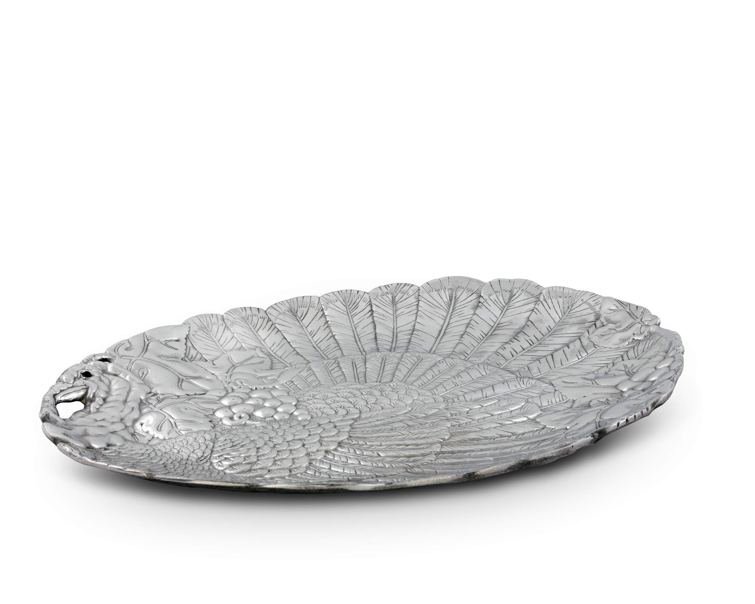 Arthur Court Designs Aluminum Harvest Turkey Oval Platter Food Serving Tray Thanksgiving Holiday Theme Metal Artisan Quality Hand Polished Tarnish-Free 21.5 inch x 16 inch