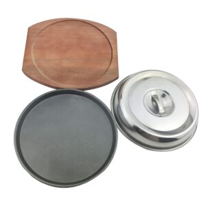 operitacx 1 set western food cover korean barbecue dish sizzling steak plate korean bbq grill pan metal steak plates pan with lid japanese steak plate stove grill delicatessen wood round