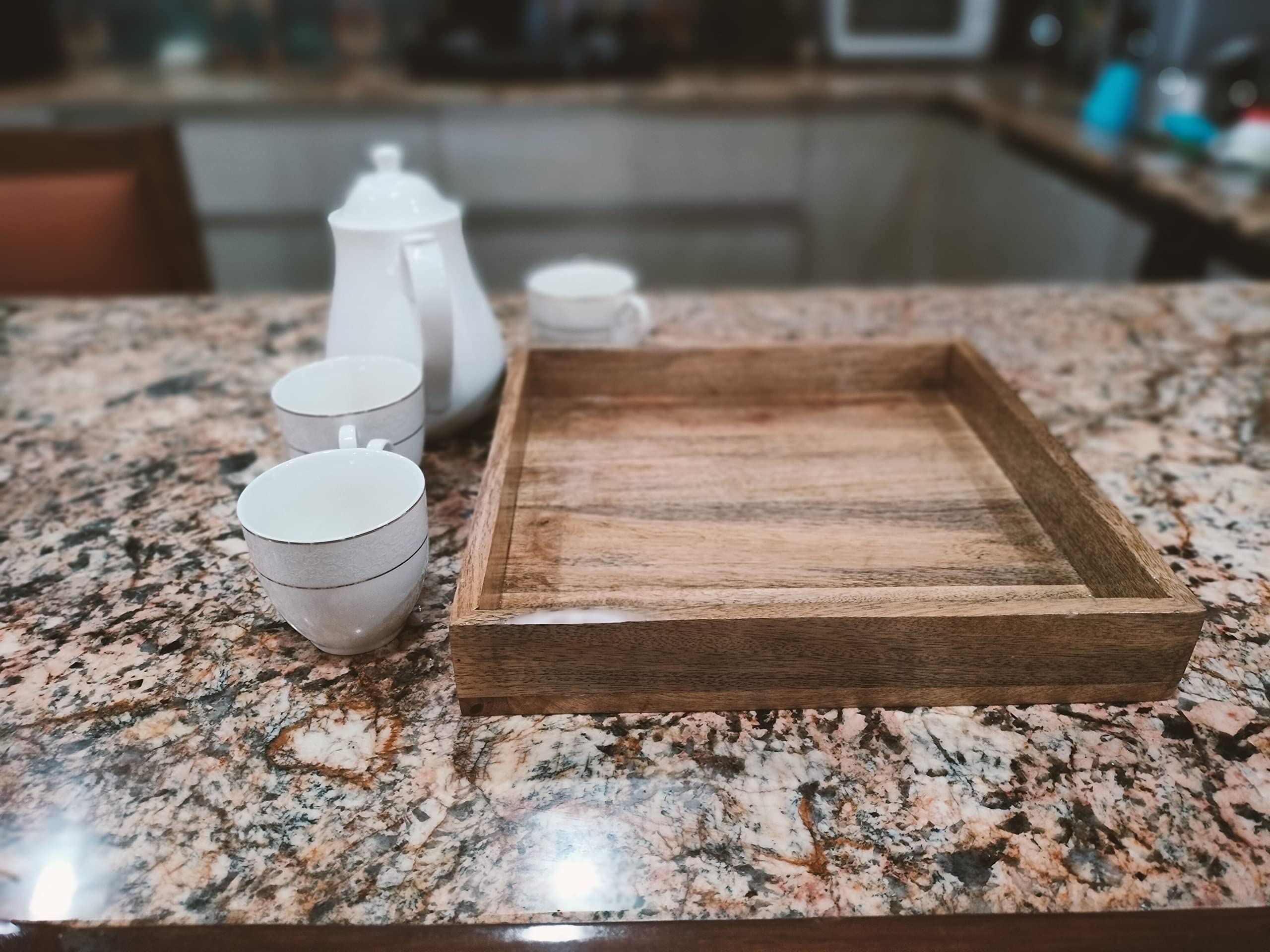 Natural Brown Wood Large Square Shaped Rustic Wooden Serving Tray Farmhouse Decor Square Top Breakfast Trays Tea Cheese Board Coffee Table