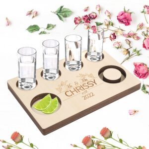 ROXIQ Tequila Trays Handmade Mr & Mrs Tequila Flight Board Serving Tray Personalized Shot Glass Holder Display w/ Salt Rim Wooden Bar Tray Liquor Birthday Party Housewarming MenGifts, 31x18x1.5cm