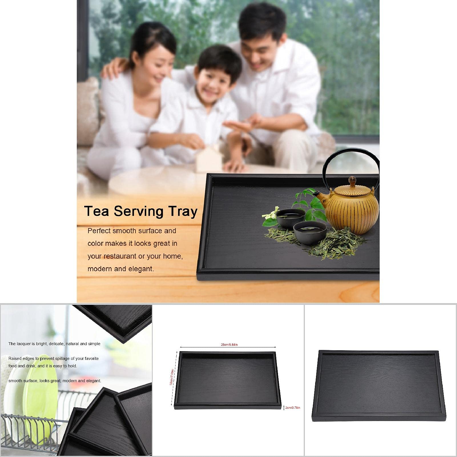 Leftwei Food Serving Tray, Wooden Serving Tray Black Wood Rectangle Food Tray Butler Tray Breakfast Tray with Handles for Restaurants Coffee Shops Canteens (25 * 18 * 2cm)