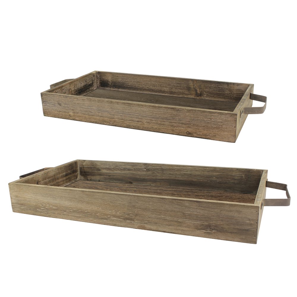 Stonebriar Nesting Wooden Rectangle Serving Tray Set with Metal Handles, Rustic Brown Wood Butler Trays, For Serving Food and Drink, a Unique Coffee Table Centerpiece, or Desk Organizer for Documents