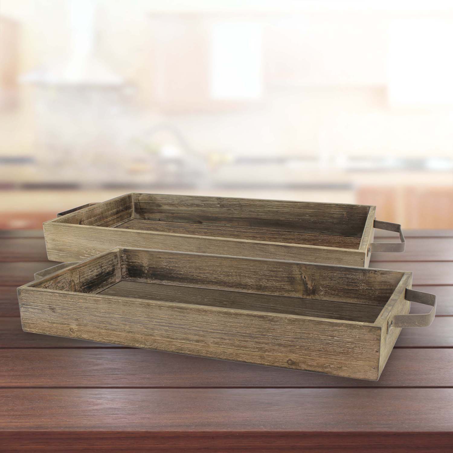 Stonebriar Nesting Wooden Rectangle Serving Tray Set with Metal Handles, Rustic Brown Wood Butler Trays, For Serving Food and Drink, a Unique Coffee Table Centerpiece, or Desk Organizer for Documents