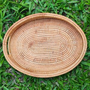 14 inch oval rattan storage baskets serving tray with handles and raised side coffee table tray decor m browm