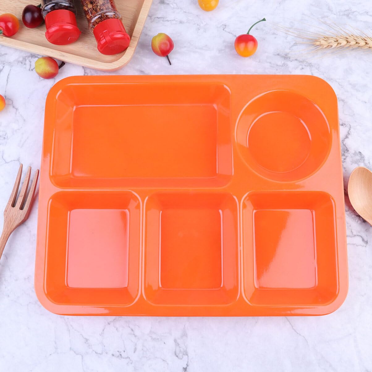 Cabilock Unbreakable Divided Plates, 5- Compartment Tray Section Plates Food Storage Tray Serving Platter, Microwave Dishwasher Safe, BPA Free, Lightweight, Orange