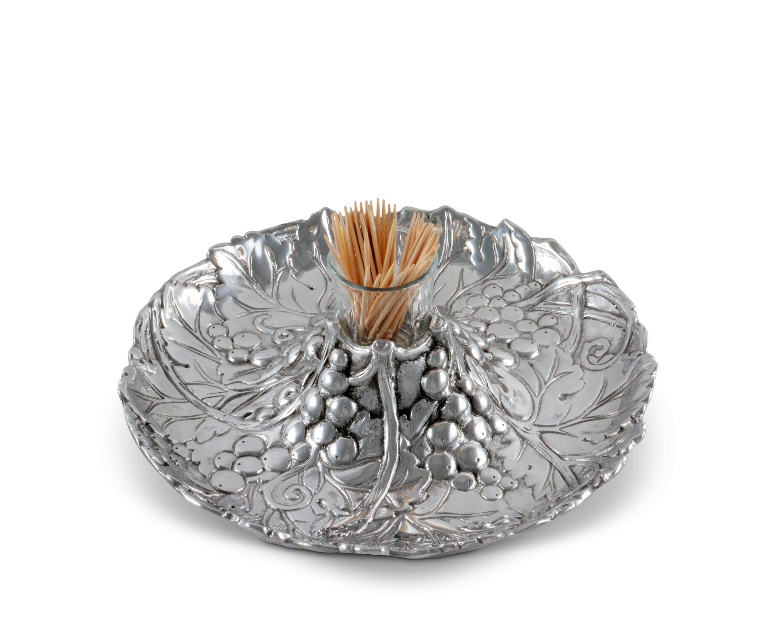 Arthur Court Aluminum Metal Grape Pattern Tidbit Cheese Hors d'oeuvres Tray with Glass for Toothpick - Entertaining Small Platter 10 inch Diameter x 2.25 inch Tall