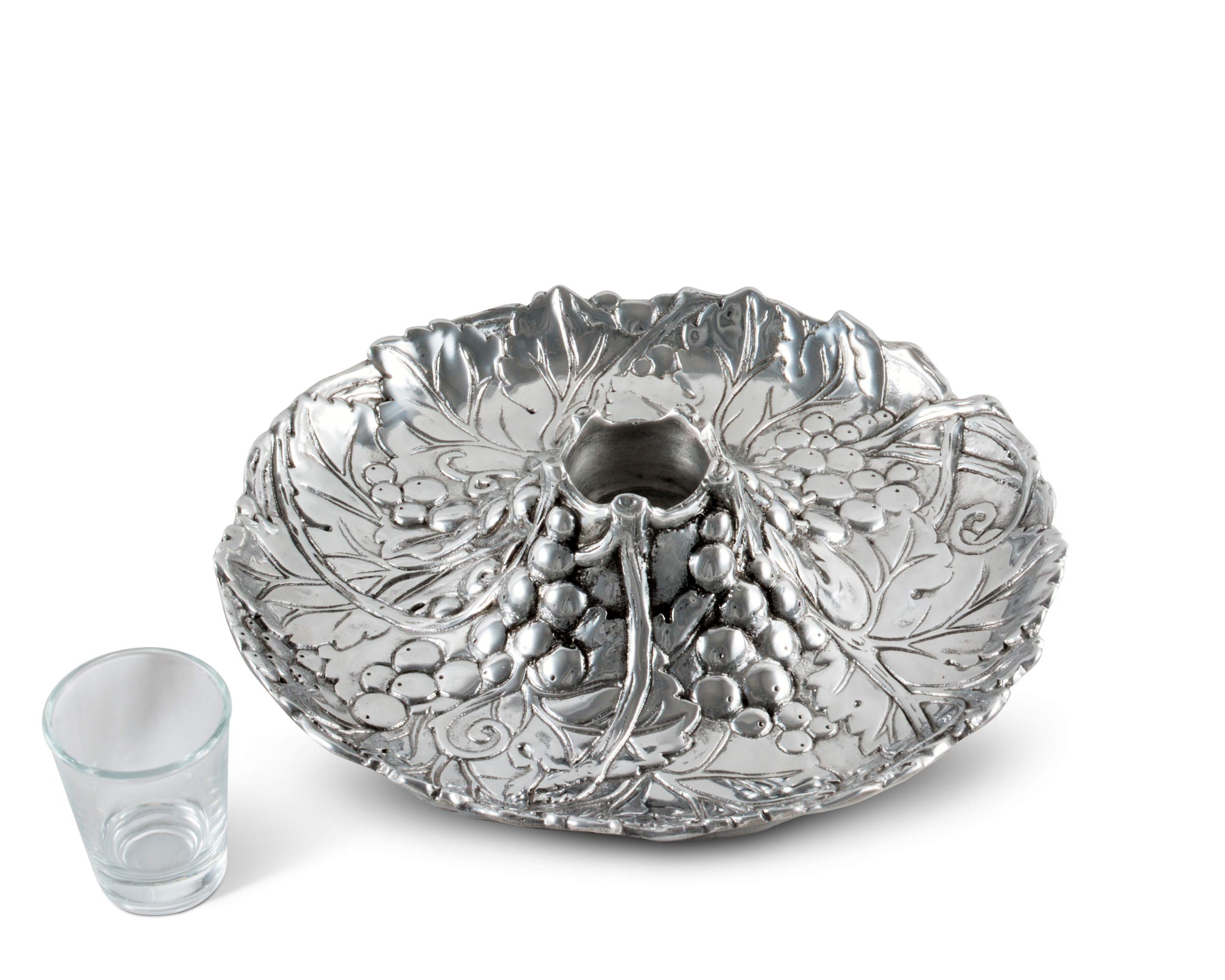 Arthur Court Aluminum Metal Grape Pattern Tidbit Cheese Hors d'oeuvres Tray with Glass for Toothpick - Entertaining Small Platter 10 inch Diameter x 2.25 inch Tall