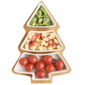 loticy white tree plates chip & dip set, 11 inches ceramic snack plate with bamboo tray, removable porcelain christmas tree appetizer dessert fruit salad saucers bowl, cutlery platter serving dish