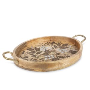 gg inlay/laser leaf tray gld hdl other decor, 25.5inl x 16inw x 2.5inh, brown