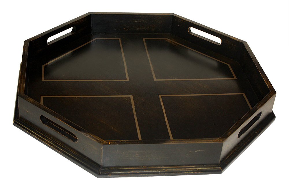 Mountain Woods Antique Black Octagon Ottoman Wooden Serving Tray with Handles | Coffee/Tea Tray | Cocktails Tray | Snacks Tray - 22"x 22" x 2.5"