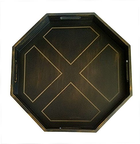 Mountain Woods Antique Black Octagon Ottoman Wooden Serving Tray with Handles | Coffee/Tea Tray | Cocktails Tray | Snacks Tray - 22"x 22" x 2.5"