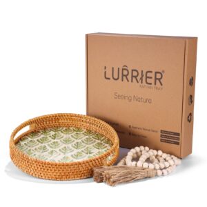 lurrier round rattan woven serving tray with wood bead set, decorative coffee table tray with handle, serving basket with mother of pearl inlay wooden base, display for home,12in (safari in monstera)