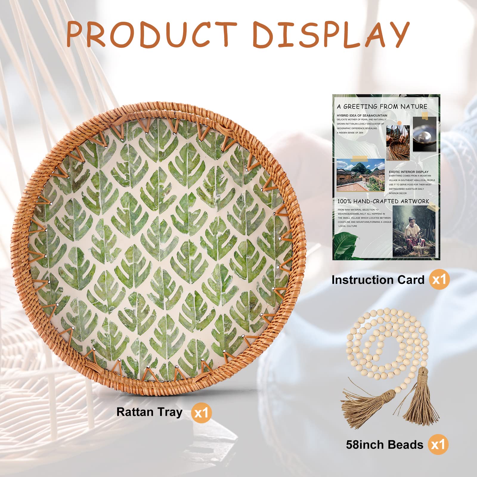 LURRIER Round Rattan Woven Serving Tray with Wood Bead Set, Decorative Coffee Table Tray with Handle, Serving Basket with Mother of Pearl Inlay Wooden Base, Display for Home,12in (Safari in Monstera)