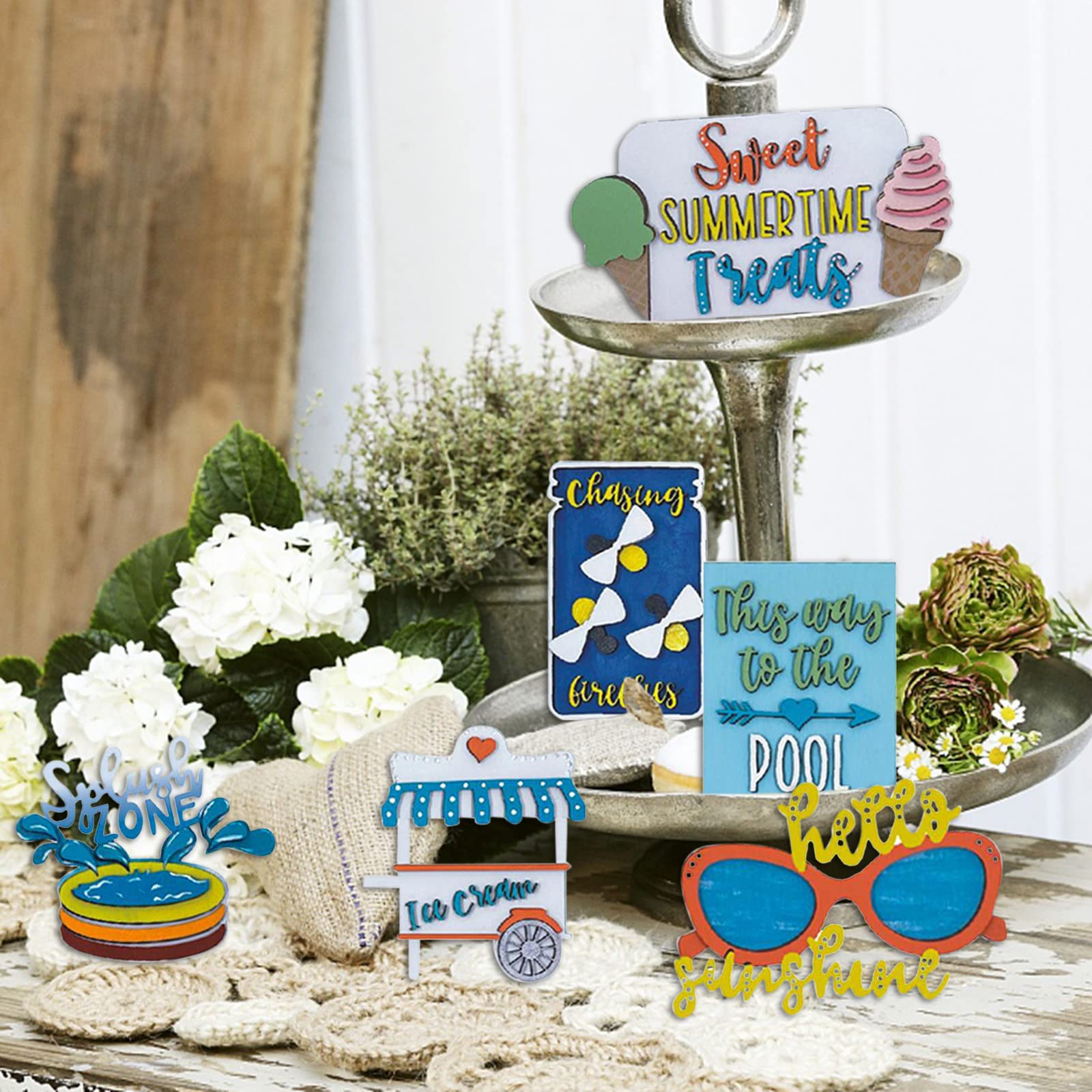 Summer Tiered Tray Decors Items Set Beach Party Decorations Wooden Sign Farmhouse (pool theme)