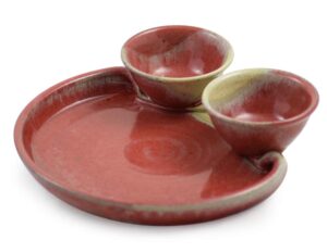 american made stoneware pottery chip and dip tray in red delicious (11.5" double dip)