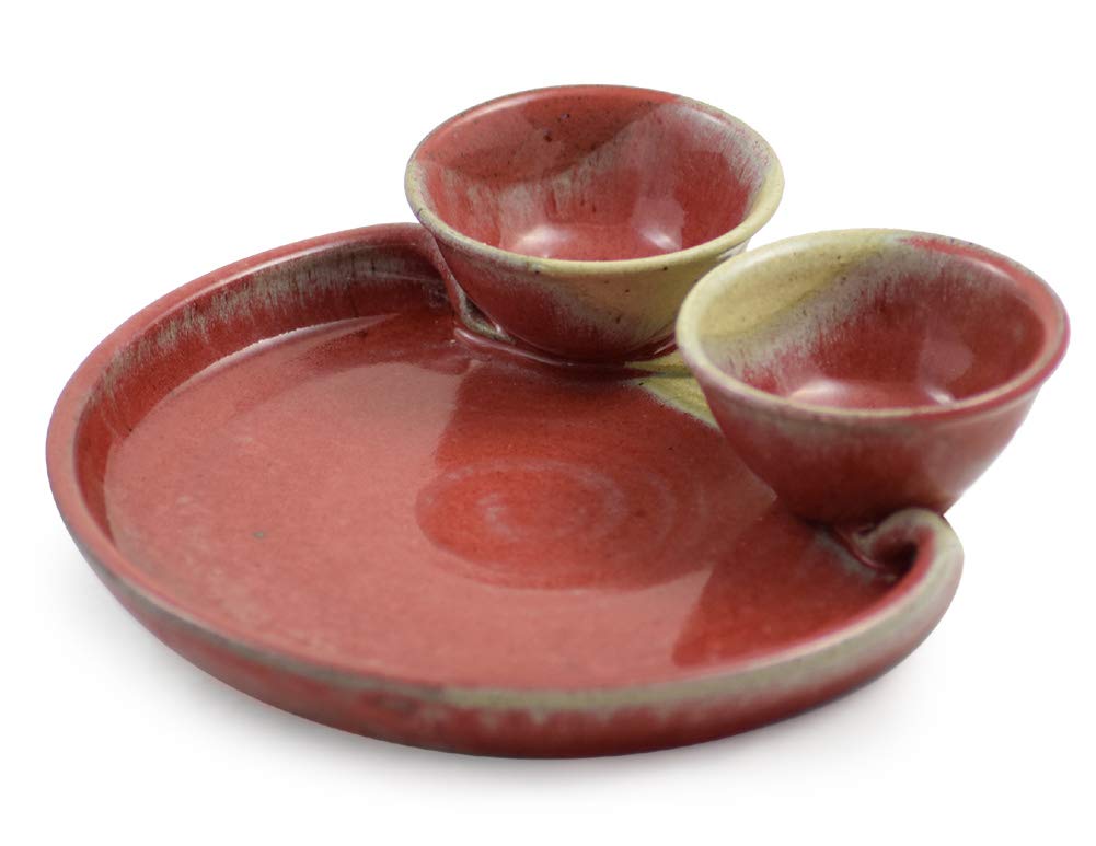 American Made Stoneware Pottery Chip and Dip Tray in Red Delicious (11.5" Double Dip)